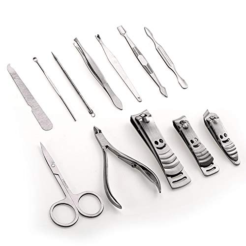 Manicure Pedicure Kit - Set de12 Piezas de Acero Inoxidable con Estuche - Nail Clippers Set of 12Pcs, Professional Grooming Kit, Nail Tools with Travel Case