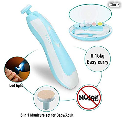 Lima de uñas bebe, GLURIZ Cortaúñas para bebe eléctrico, Pulidor de uñas para bebés, Luz LED, Cortaúñas Versátiles (Azul)