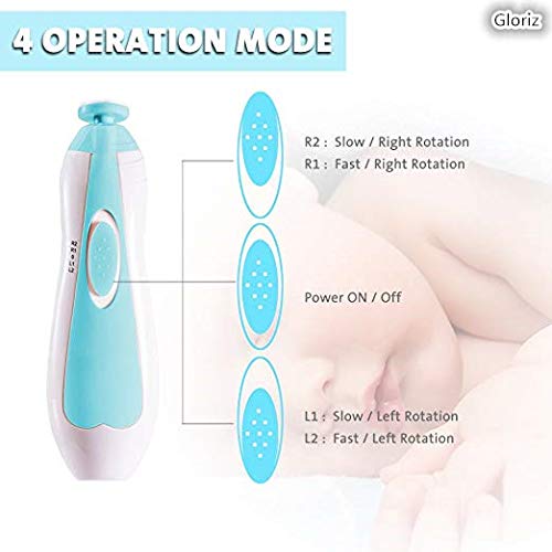 Lima de uñas bebe, GLURIZ Cortaúñas para bebe eléctrico, Pulidor de uñas para bebés, Luz LED, Cortaúñas Versátiles (Azul)