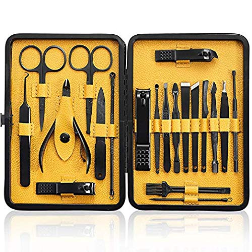 Manicura y Pedicura - BONKEEY 20 en 1 Manicura Set Acero Inoxidable Pedicura Grooming Kit Manicure Pedicure Set Kit para Mujeres y Hombres Profesional Nail Clipper Scissors con Cuero Negro Caso de Viaje
