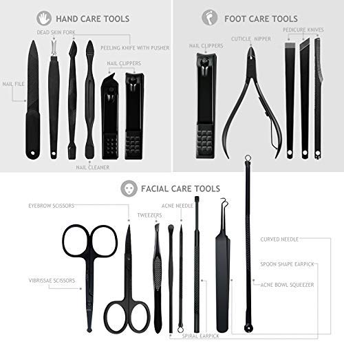 Manicura y Pedicura - BONKEEY 20 en 1 Manicura Set Acero Inoxidable Pedicura Grooming Kit Manicure Pedicure Set Kit para Mujeres y Hombres Profesional Nail Clipper Scissors con Cuero Negro Caso de Viaje