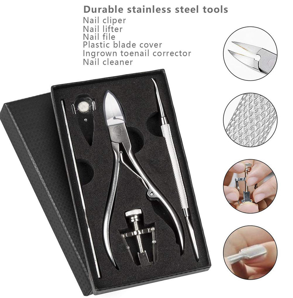 Kit de herramientas para uñas encarnadas de 6Pcs / set, herramienta para pies de tratamiento de uñas Premium, cortapelos de corrección de remoción de uñas encarnadas, lima y levantador de uñas con punta entallada para cirugía