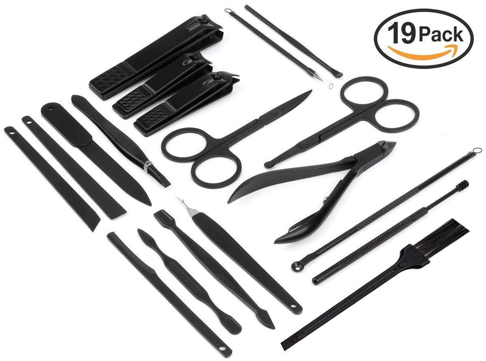 Manicura y Pedicura - 19 en 1 Manicura Set acero inoxidable pedicura kit personal Manicure Pedicure Ear Set Kit para mujeres y hombres profesional nail Clipper Scissors Grooming Kit con cuero negro caso de viaje