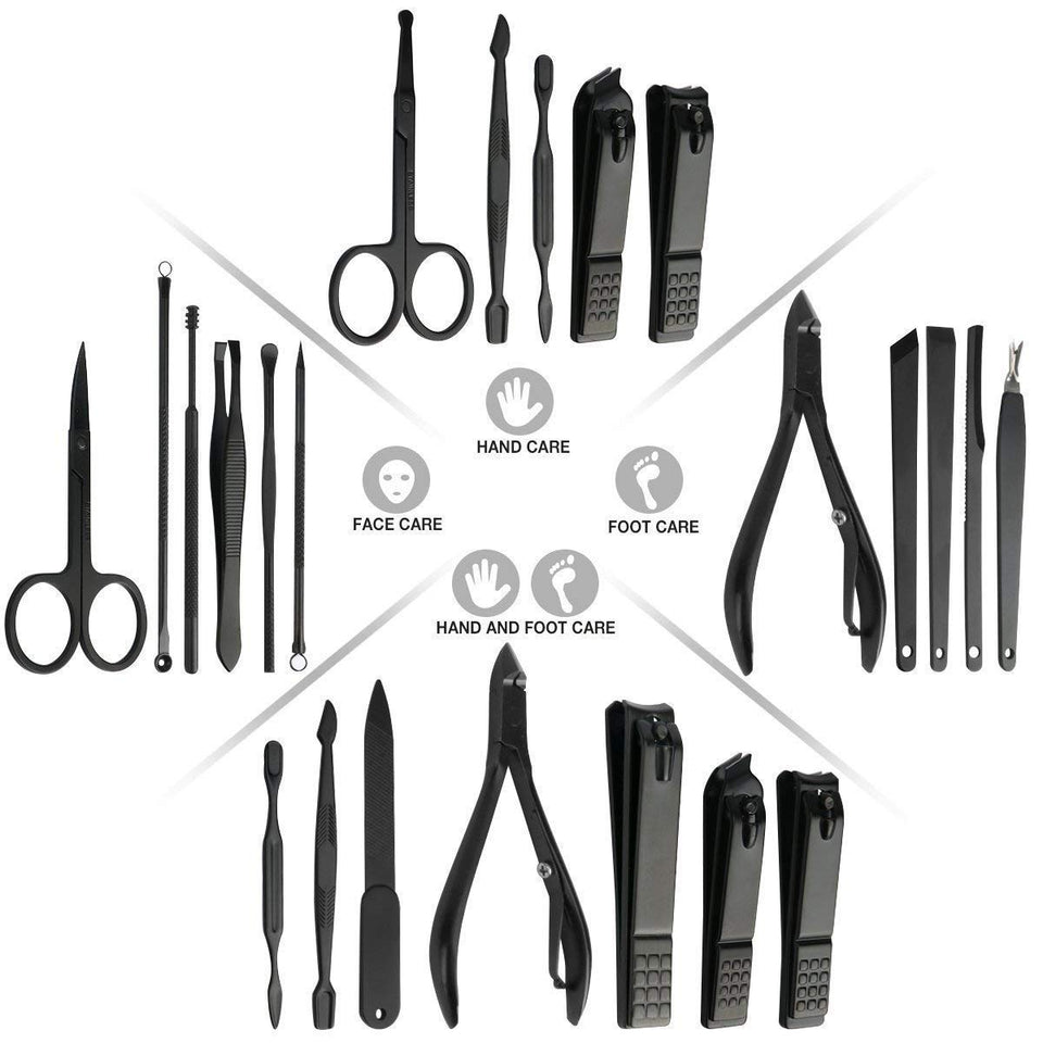 Manicura y Pedicura - 19 en 1 Manicura Set acero inoxidable pedicura kit personal Manicure Pedicure Ear Set Kit para mujeres y hombres profesional nail Clipper Scissors Grooming Kit con cuero negro caso de viaje