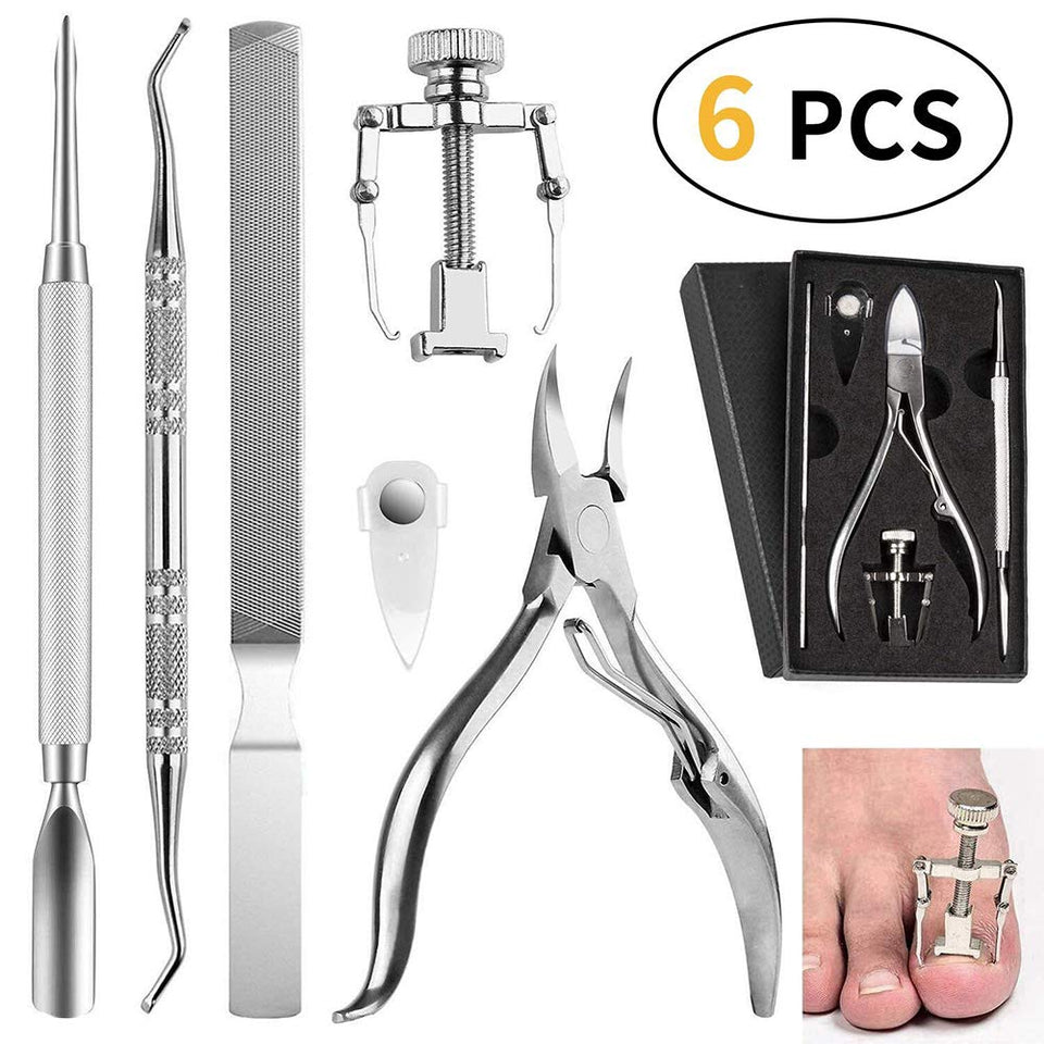 Kit de herramientas para uñas encarnadas de 6Pcs / set, herramienta para pies de tratamiento de uñas Premium, cortapelos de corrección de remoción de uñas encarnadas, lima y levantador de uñas con punta entallada para cirugía