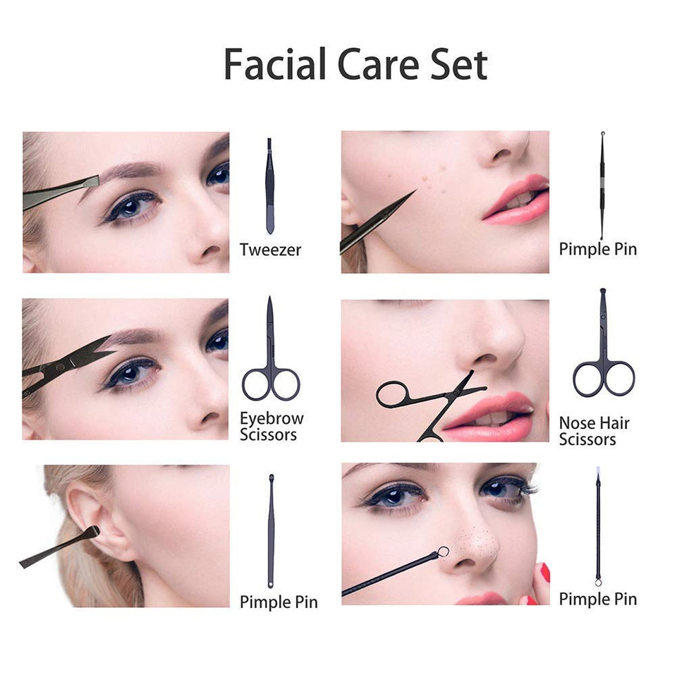 Manicura y Pedicura - 19 en 1 Manicura Set acero inoxidable pedicura kit personal Manicure Pedicure Ear Set Kit para mujeres y hombres profesional nail Clipper Scissors Grooming Kit con cuero negro caso de viaje
