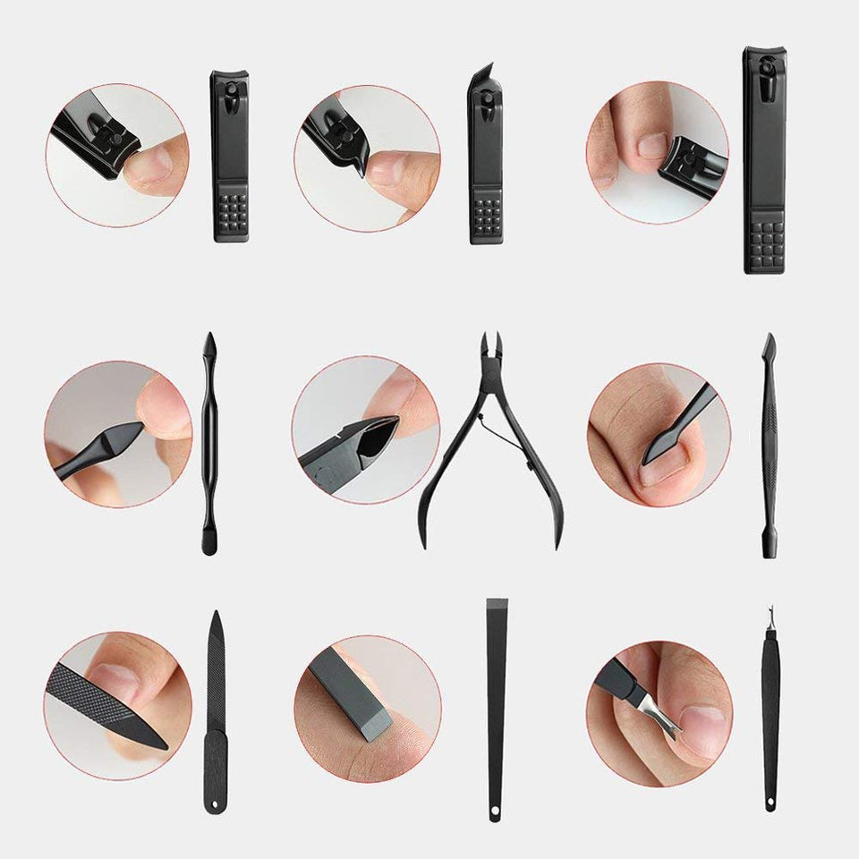 Manicura y Pedicura - 19 en 1 Manicura Set acero inoxidable pedicura kit personal Manicure Pedicure Ear Set Kit para mujeres y hombres profesional nail Clipper Scissors Grooming Kit con cuero negro caso de viaje