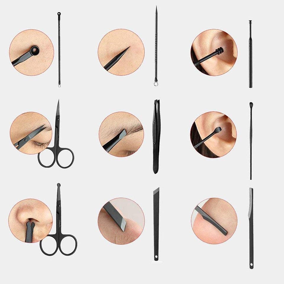 Manicura y Pedicura - 19 en 1 Manicura Set acero inoxidable pedicura kit personal Manicure Pedicure Ear Set Kit para mujeres y hombres profesional nail Clipper Scissors Grooming Kit con cuero negro caso de viaje