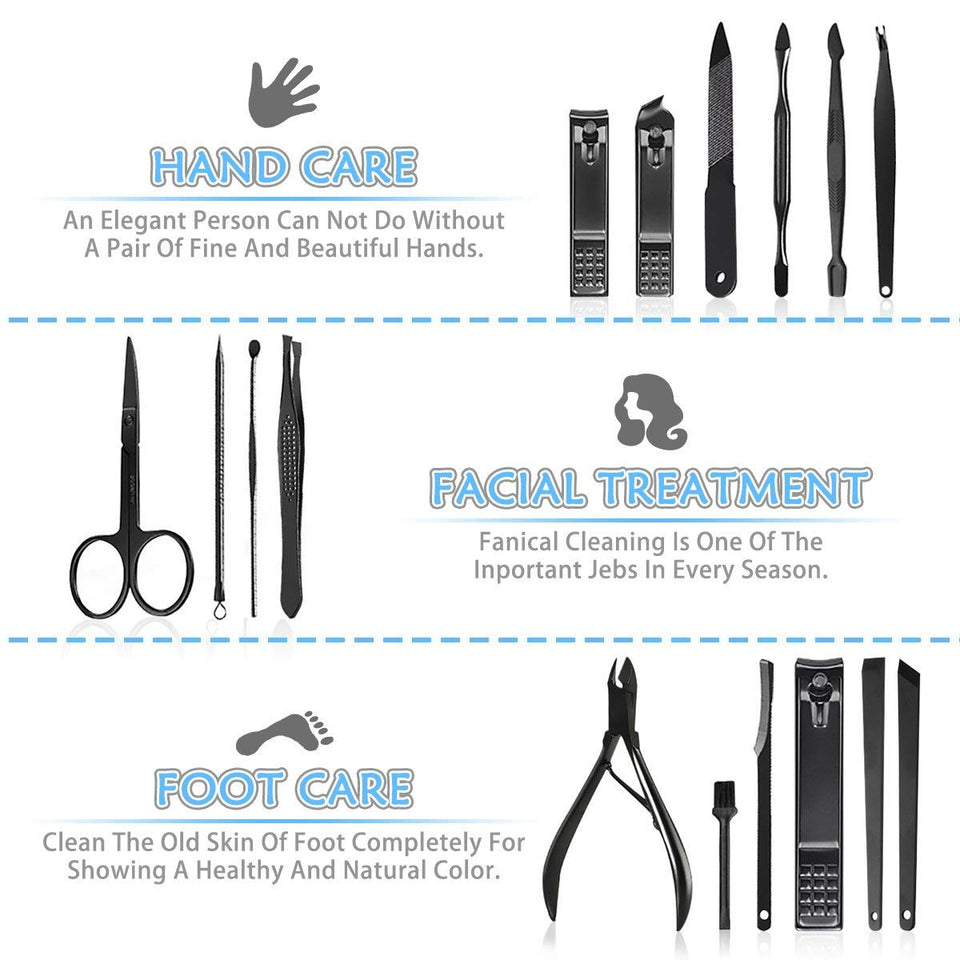 Manicura y Pedicura Kit - WINSUNY 16 en 1 Manicura Set Acero inoxidable Pedicura kit Personal Manicure Pedicure Ear Set Kit para Mujeres y Hombres Profesional Nail Clipper Scissors Grooming Kit con Cuero Negro Caso de Viaje