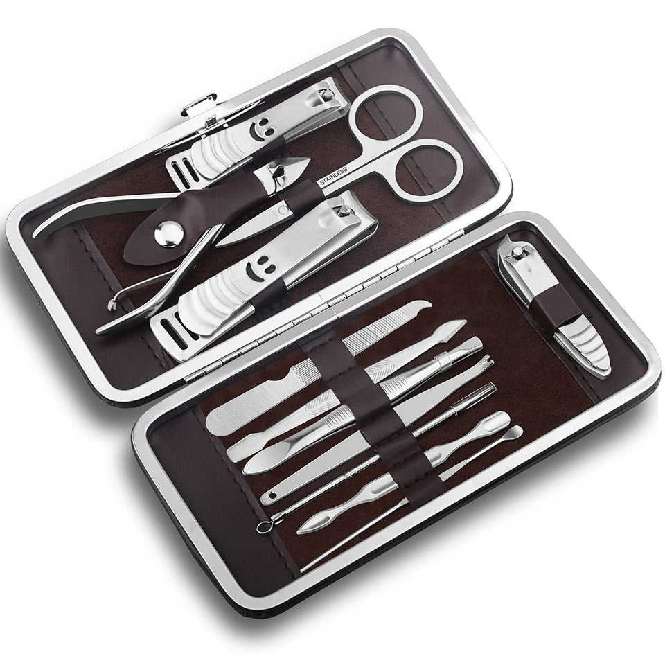 Hanlesi Nail Clippers, 12 piezas de acero inoxidable Grooming Nail Scissors Cuidado personal Manicure Pedicure Ear Set Kit para hombre y mujer
