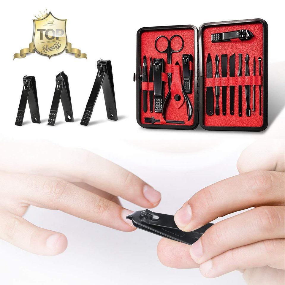 Manicura y Pedicura Kit - WINSUNY 16 en 1 Manicura Set Acero inoxidable Pedicura kit Personal Manicure Pedicure Ear Set Kit para Mujeres y Hombres Profesional Nail Clipper Scissors Grooming Kit con Cuero Negro Caso de Viaje