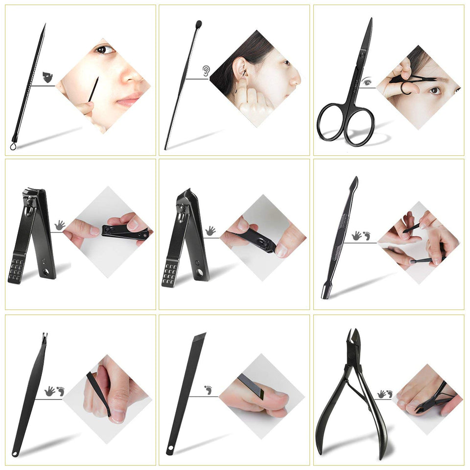 Manicura y Pedicura Kit - WINSUNY 16 en 1 Manicura Set Acero inoxidable Pedicura kit Personal Manicure Pedicure Ear Set Kit para Mujeres y Hombres Profesional Nail Clipper Scissors Grooming Kit con Cuero Negro Caso de Viaje