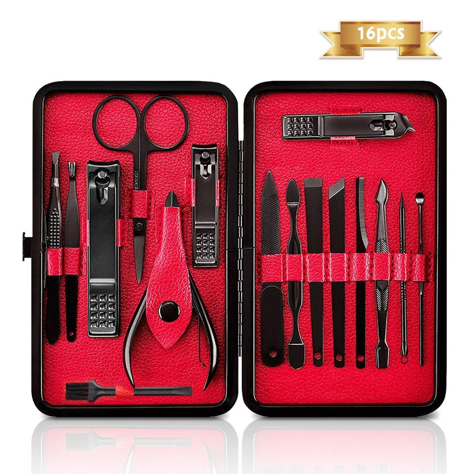 Manicura y Pedicura Kit - WINSUNY 16 en 1 Manicura Set Acero inoxidable Pedicura kit Personal Manicure Pedicure Ear Set Kit para Mujeres y Hombres Profesional Nail Clipper Scissors Grooming Kit con Cuero Negro Caso de Viaje